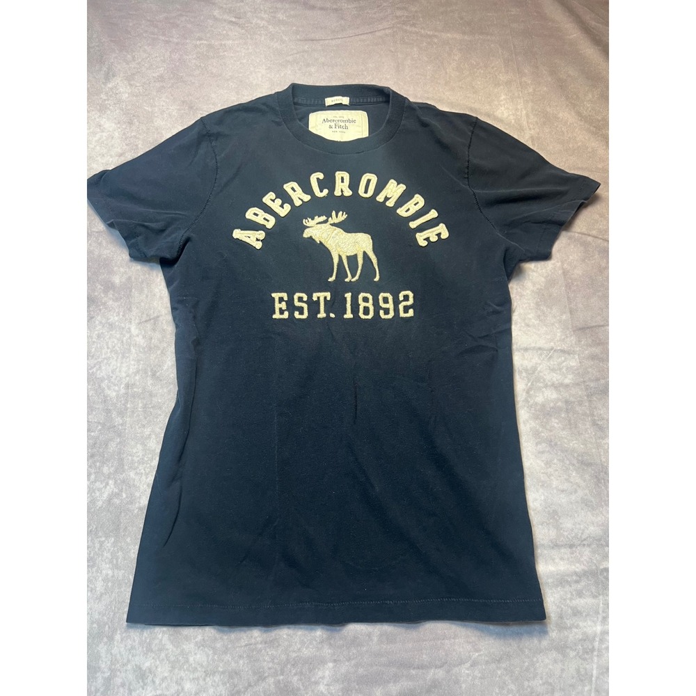 Abercrombie & Fitch Mens Muscle Fit T-Shirt M Navy Blue Applique Logo Moose Tee